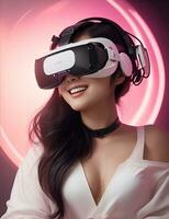 mujer teniendo divertido en virtual realidad, vr lentes foto