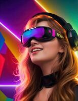 woman having fun in virtual reality, VR glasses photo