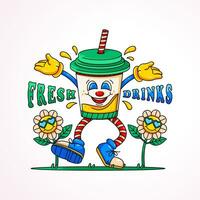 retro dibujos animados Fresco beber, taza de bebida bailando en el jardín con flores adecuado para logotipos, camisetas, pegatinas y carteles vector