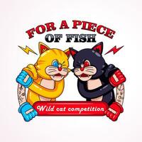 gato luchar, para un pedazo de pez. retro vector dibujos animados, adecuado para mascotas, camisetas, pegatinas y carteles