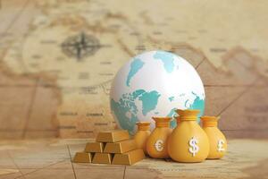 Stack of gold and currency symbols on map background. concept of financial fund exchange rate and profit. photo