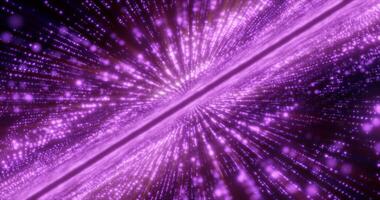 Abstract purple energy hi-tech lines and digital particles fly in a tunnel with bokeh effect glowing background photo