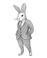 Conejo en pie en traje mano dibujado bosquejo vector ilustración