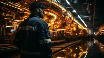 ver de un hombre trabajando ingeniero desde el espalda en contra el antecedentes de un petróleo refinería petroquímico químico planta para el producción de gasolina diesel combustible a noche. ai generado foto