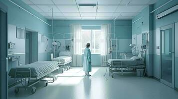 Doctor medical worker stands in the corridor in the hospital medical facility view from the back. AI generated photo