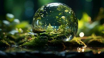 verde plantas y arboles en un vaso esfera. el concepto de ambiental proteccion y verde Respetuoso del medio ambiente economía. ai generado foto