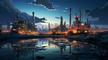 Industrial oil refinery petrochemical chemical plant with equipment and tall pipes at night. AI generated photo