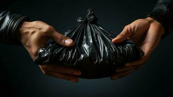 Hands holding a black plastic garbage bag with waste. The concept of recycling, separate waste collection to improve the environment. AI generated photo