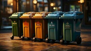 multicolor basura contenedores el concepto de reciclaje, separar residuos colección a mejorar el ambiente. ai generado foto