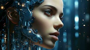 Connection of human woman and artificial intelligence robot. The concept of merging a person and a computer with neural networks in the future. AI generated photo