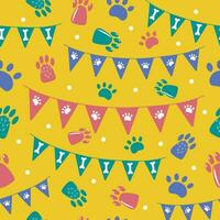 Seamless square pattern with bunting garlands, paws and bones for dog party. Vector hand drawn design.