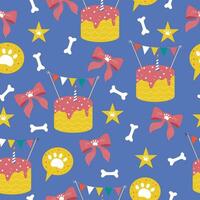 Cute seamless square pattern for dog party. Hand drawn design with cake, bones and paws. vector