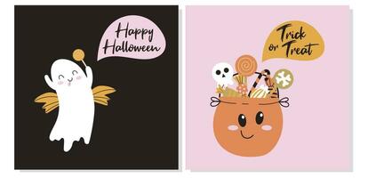 Two Halloween greeting cards with cute smiling ghost and happy cauldron with candies. vector