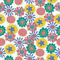 Colourful seamless pattern with hand drawn fantastic doodle flowers. Vector design on white background.