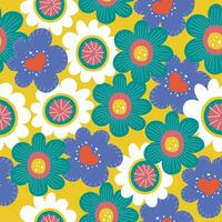 Bright seamless square design with handdrawn doodle flowers. Vector pattern on yellow background.