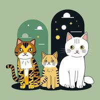 Tres linda gatos, Doméstico animales, cuadrado tarjeta postal, regalo, pegatina vector