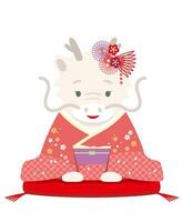 The Year Of The Dragon Mascot Dressed In Japanese Kimono Offering Her New Year Greetings. vector