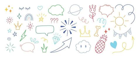 Set of cute pen line doodle element vector. Hand drawn doodle style collection of arrow, speech bubble, firework, thunder, scribble, colorful. Design for decoration, sticker, idol poster, social media vector