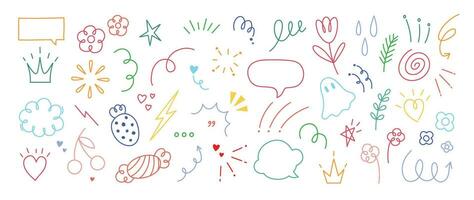 Set of cute pen line doodle element vector. Hand drawn doodle style collection of arrow, speech bubble, firework, thunder, scribble, colorful. Design for decoration, sticker, idol poster, social media vector