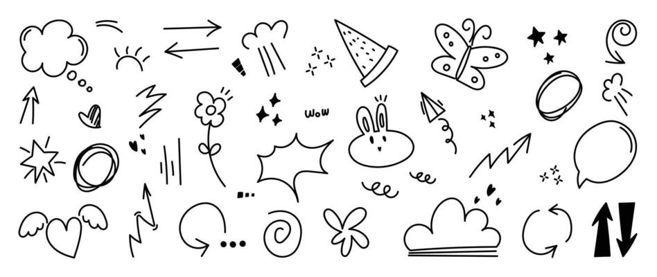 Set of cute pen line doodle element vector. Hand drawn doodle style collection of speech bubble, arrow, firework, star, heart. Design for decoration, sticker, idol poster, social media.
