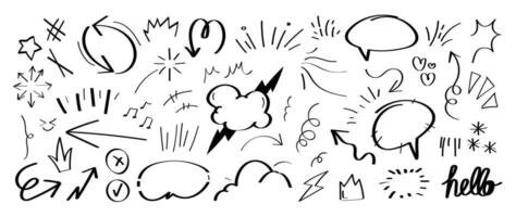 Set of cute pen line doodle element vector. Hand drawn doodle style collection of speech bubble, arrow, star, firework, crown, heart. Design for decoration, sticker, idol poster, social media. vector