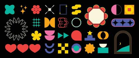 Set of abstract retro geometric shapes vector. Collection of contemporary figure, flower, circle in 70s groovy style. Bauhaus Memphis design element perfect for banner, prints, stickers, decor. vector