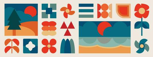 Set of abstract retro geometric shapes vector. Collection of contemporary figure, flower, view, sun in 70s groovy style. Bauhaus Memphis design element perfect for banner, print, sticker, decor. vector