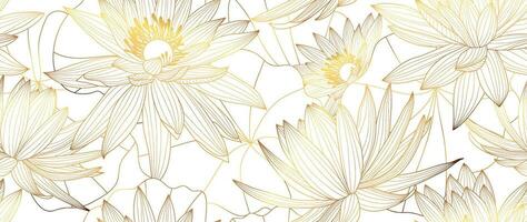 Luxury hand drawn lotus flowers background vector. Elegant gradient gold lotus flowers line art, leaves on white background. Oriental design for wedding invitation, cover, print, decoration, template. vector