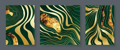 Luxury gold wall art wallpaper. Watercolor dark green, gold foil background. Foliage wall art design with golden line gradient, shiny golden light texture. Modern art wallpaper. Vector illustration.