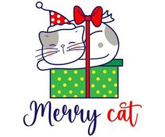 relajado gatito tendido fuera de el Navidad regalo caja, Navidad dibujos animados ilustración aislado vector