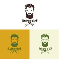 Clásico barbería logo vector 3 color, barbado cabeza y cortar con tijeras pelo cortar