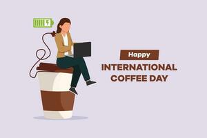 International coffee day concept. Template design with hand drawing style. Colored flat vector illustration isolated.