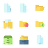 document and files icon set, in flat style, includes create new file, delete, create new folder, inbox, download file, and archive. Suitable for business needs, offices and jobs. vector