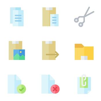 document and files icon set, in flat style, includes copy, cut, paste, attachment, files and folders. Suitable for business needs, offices and jobs. vector