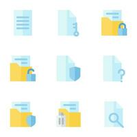 document and file icon set, in flat style, includes paper, file, lock, password, security, folder and protection. Suitable for business needs, offices and jobs. vector