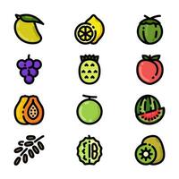 Fruits icons set, in colored outline style, including mango, watermelon, grape and coconut. Suitable for food and beverage needs. vector