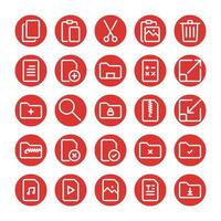 Document file icon set, in rounded flat style in red color, suitable for business, office, work, ui and technology. This includes files, data, new documents, folders, edit, copy, and delete. vector