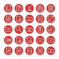 Document file icon set, in rounded flat style in red color, suitable for business, office, work, ui and technology. This includes files, data, new documents, folders, edit, copy, and delete. vector