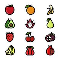 Fruits icon set, in colored outline style, including apple, orange, banana, and avocado, suitable for food and beverage needs. vector