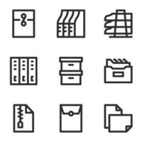 document and file icon set, in line style, including envelope, safe deposit box, orderner, tray, paper and archive. Suitable for business needs, offices and jobs. vector