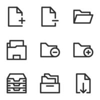 document and files icon set, in line style, includes create new file, delete, create new folder, inbox, download file, and archive. Suitable for business needs, offices and jobs. vector