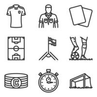 Soccer icon set, in line style, includes pitch, corner, player, stopwatch, and referee. Suitable for sports and football needs. vector