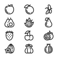 Fruits icon set, in line style, including apple, orange, banana, and avocado, suitable for food and beverage needs. vector