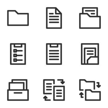 document and file icon set, in line style, includes folder, file, paper, checkbox, note, and archive. Suitable for business needs, offices and jobs. vector