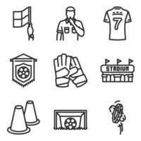 Soccer icon set, in line style, including flag, referee, stadium, goal, and gloves. Suitable for sports and football needs. vector