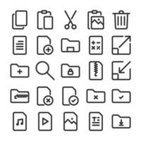 Document and file icon set, in line style, suitable for business, office, work, ui and technology. This includes files, data, new documents, folders, edit, copy, archive, file format, and delete. vector