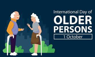 illustration vector graphic of an elderly couple talking together, showing silhouette of skyscraper perfect for international day, international day of older persons, celebrate, greeting card, etc.