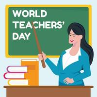 illustration vector graphic of a female teacher is holding a stick in front of the blackboard, perfect for international day, world teachers day, celebrate, greeting card, etc.