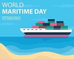 illustration vector graphic of cargo ship in the middle of the sea, featuring views of the coast, perfect for international day, world maritime day, celebrate, greeting card, etc.