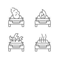 Car crash, accident of transport, line art icon set. Broken vehicle, fire, smoke. Vector outline illustration